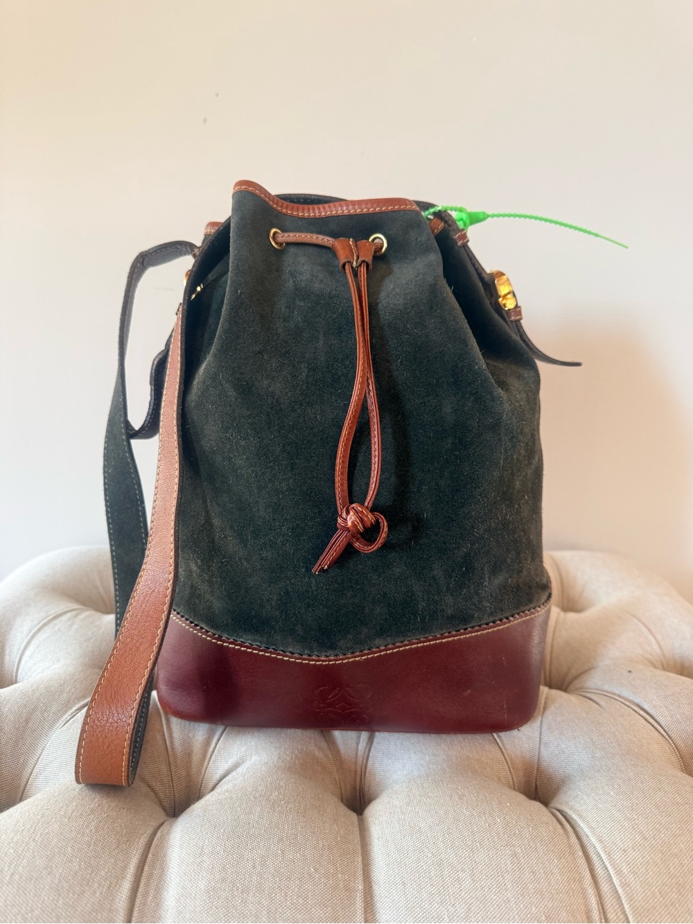 LOEWE Vintage 1985 Caza Cordoban Suede Balloon Bucket Bag Forest Green